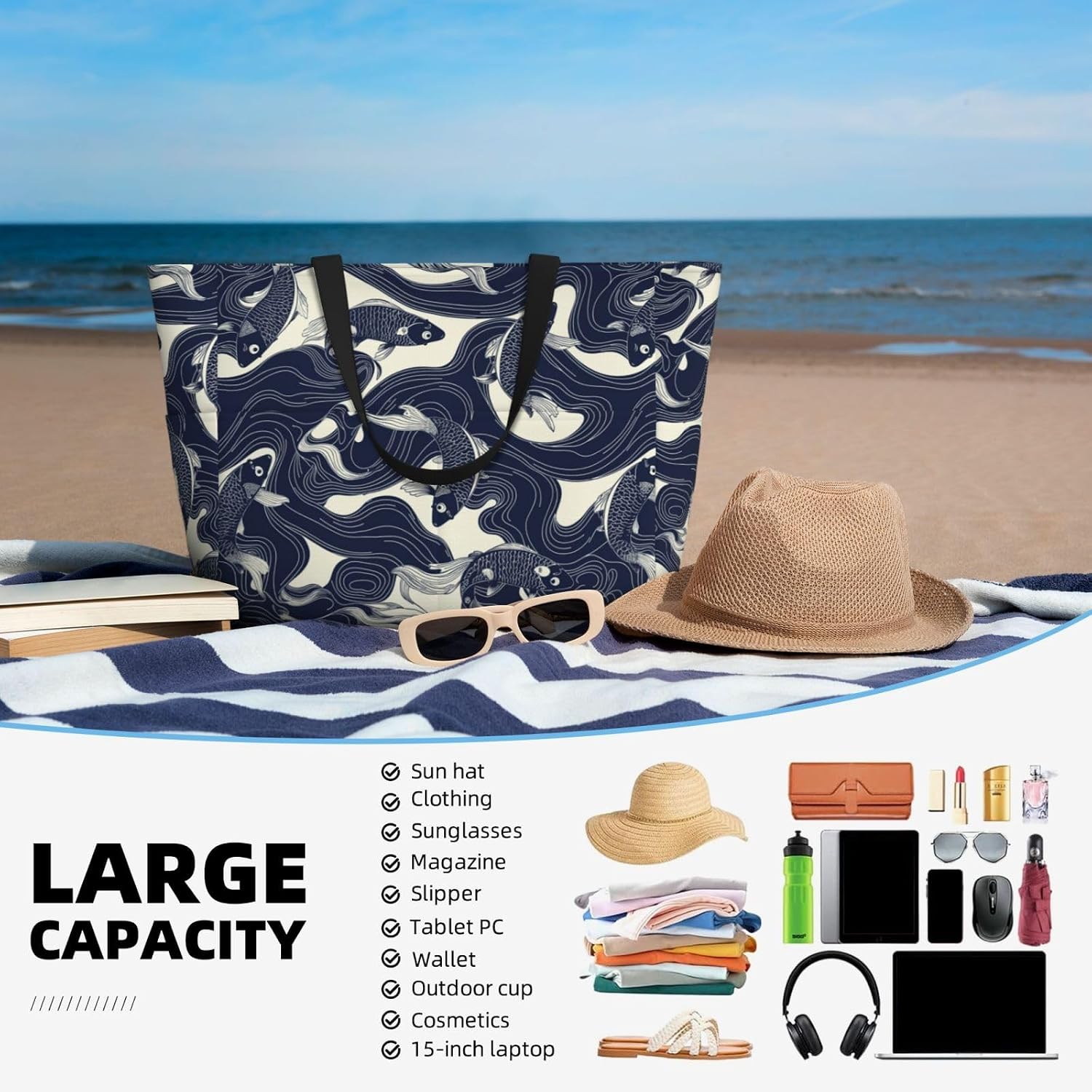 Beach Bag for Women Beach Tote Bag Waterproof Sandproof Large Bags with Zipper Big Capacity for Vacation Travel image 2