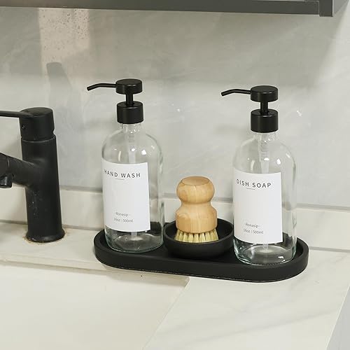 Miniatura 2 de Juego de 5 dispensadores de jabón de cocina de 16 onzas con bomba de acero inoxidable, bandeja de cemento, cepillo para fregar platos para