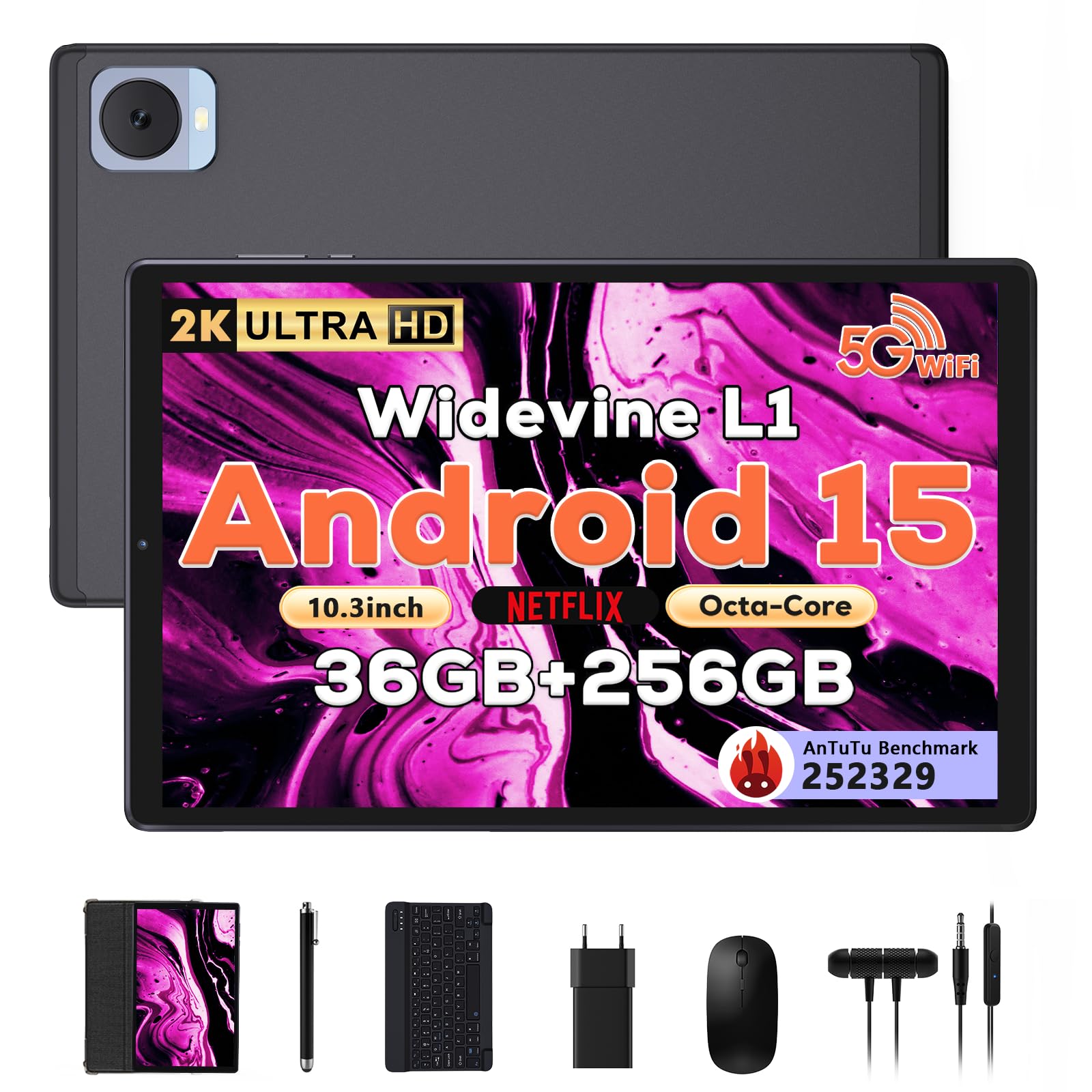 DEZLTID 2025 Tablet 10 pulgadas Android 15 Tablets con teclado Stylus Mouse: 2K IPS Tablette (2000x1200), 36GB + 256GB (1TB TF), 5G / 2.4G Dual WiFi, 8 núcleos 1.6GHz, 8000mAh, 8 + 13MP, Widevine L1- Negro