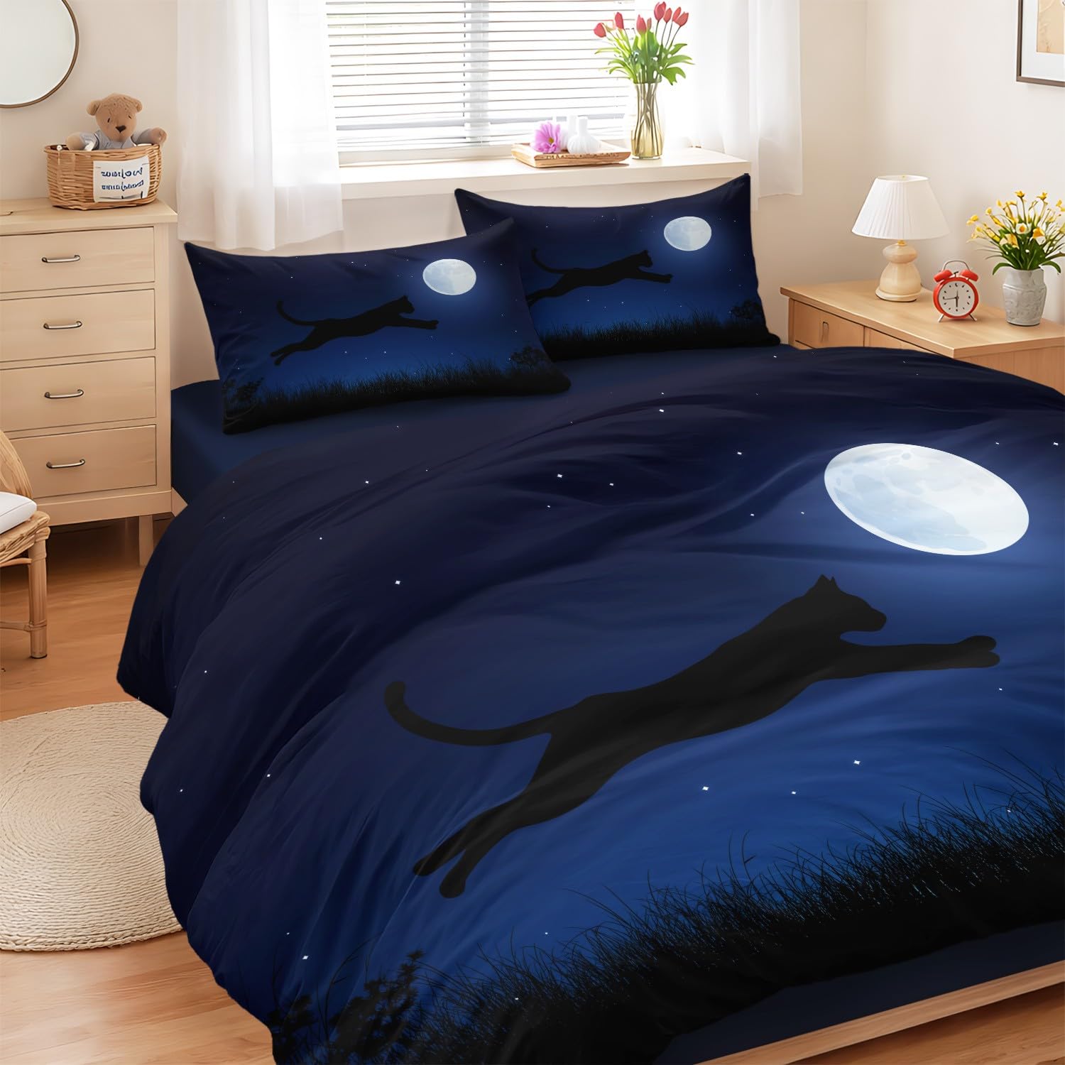 Parure de lit 220x240 en microfibre douce pour lit double motif chat et lune