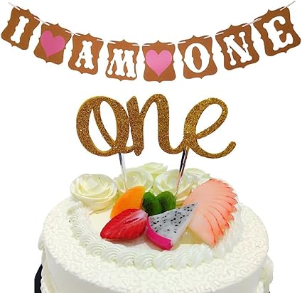 Amazon ベイビーファーストバースデーケーキトッパーデコレーション 1つ 1歳の誕生日デコレーションバナー I Am One 女の子の赤ちゃん用 Yueie ホーム キッチン