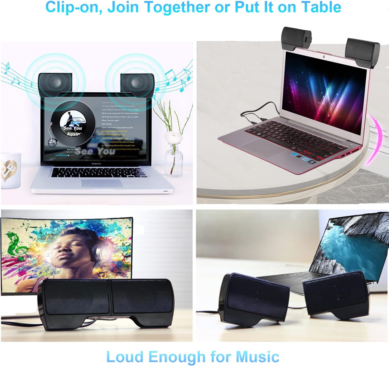 SUPVIN Portable Mini Speakers, External Clip On Computer Speakers, USB Powered Wired Multimedia Mini Soundbar for PC Computer Laptop Speakers