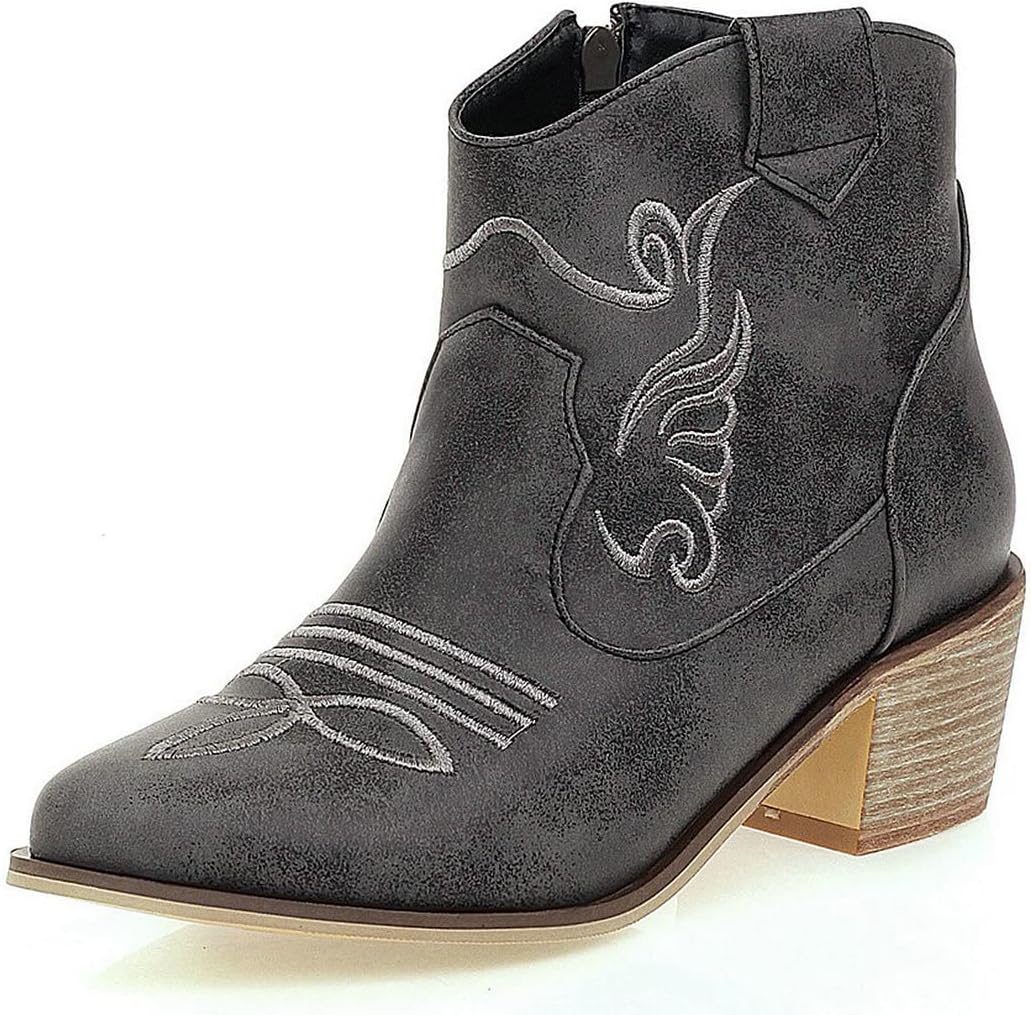 KiutSymo Women’s Western Boots Inside Zipper Short Ankle Booties Faux Leather Pointed Toe Chunky Heel Stitching Cowgirl Cowboy Boots