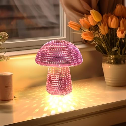 Bola de discoteca con luces, espejo retro de 6 pulgadas, forma de hongo rosa, decoración de arte para el hogar, adornos de bar