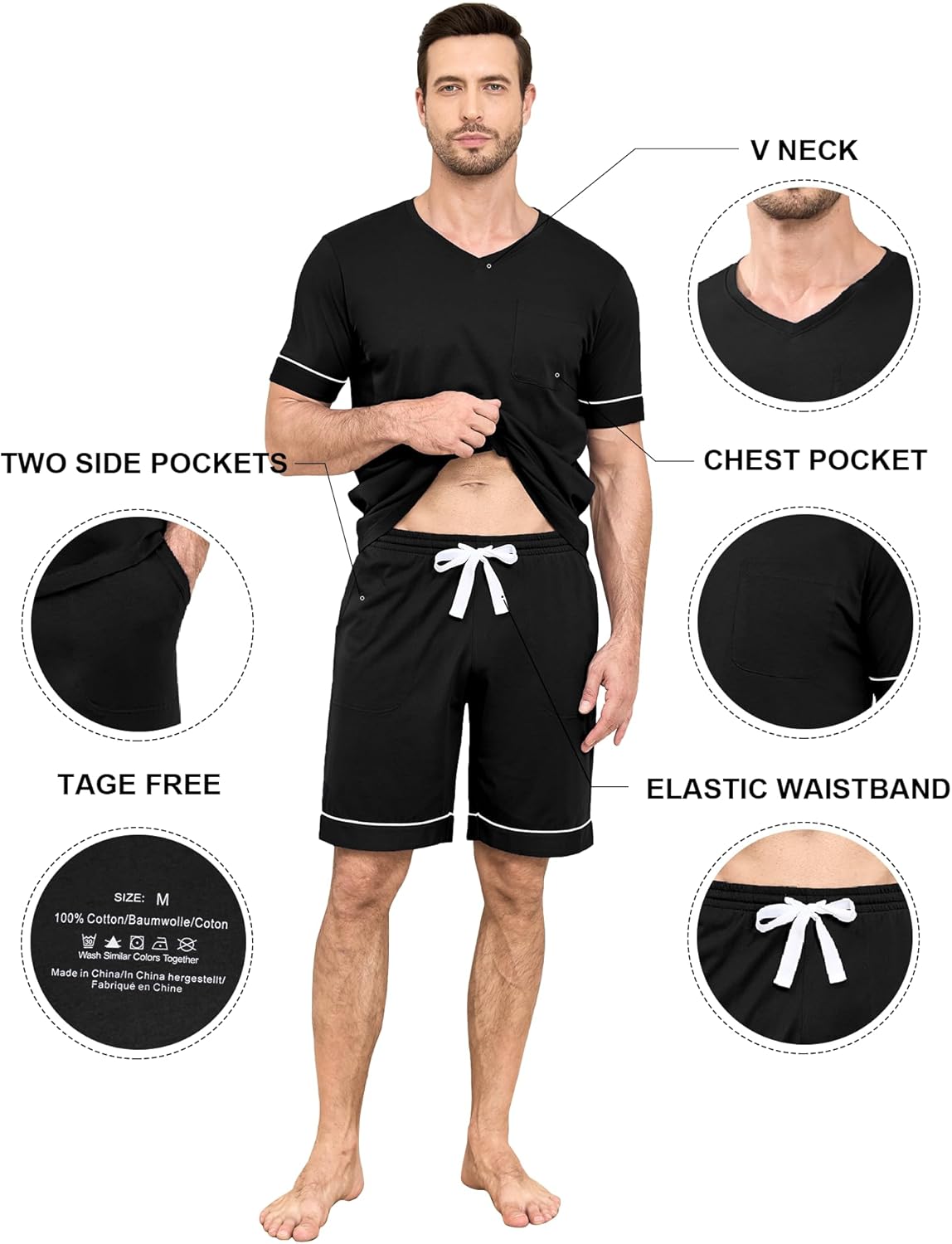 COLORFULLEAF Men's 100% Cotton Pajama Set Short Sleeve Button Down Sleepwear Soft V-neck Lounge Pjs with Pockets - Image 5