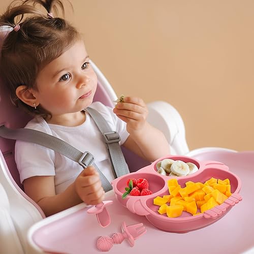 Miniatura 6 de 3 juegos de placas de succión para bebés con forma de búho de silicona con cuchara y tenedor, platos divididos aptos para microondas y lavavajillas,