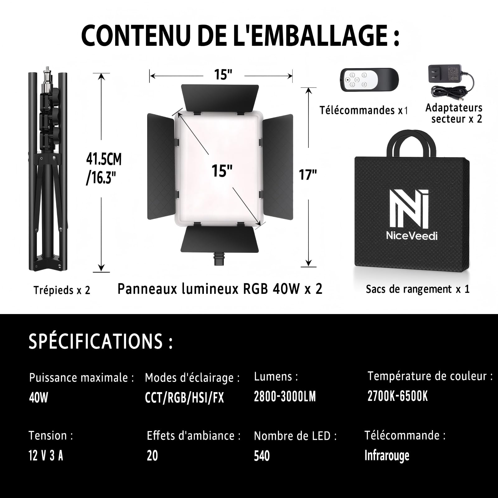 Niceveedi Lumiere Photo RGB 15 inch, 2x40W Lampes Vidéo LED avec Support, Panneau Lumineux de Studio Coloré 2700K-6500K avec Modes RGB/CCT/HSI/SCÈNE pour Youtube/TikTok/Streaming en Direct/Jeux