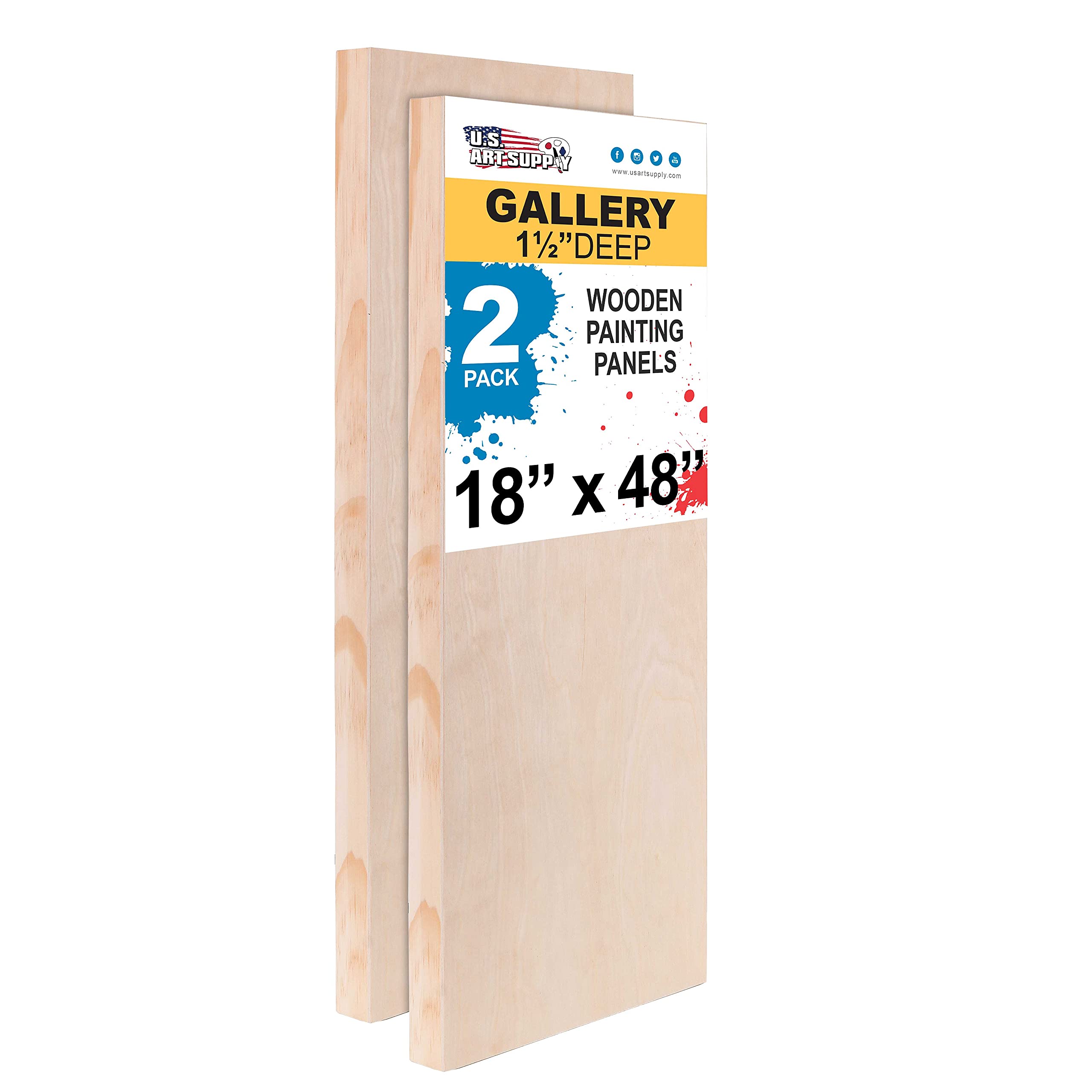 Paneles de madera de abedul sin terminar para pintar de U S Art Supply, paquete de 2, 18 x 48 pulgadas, lienzo de madera de abedul para galería, 1 1/2 pulgadas de profundidad, técnica mixta, artesanía, acrílico, óleo, encáustico, pintura vertida