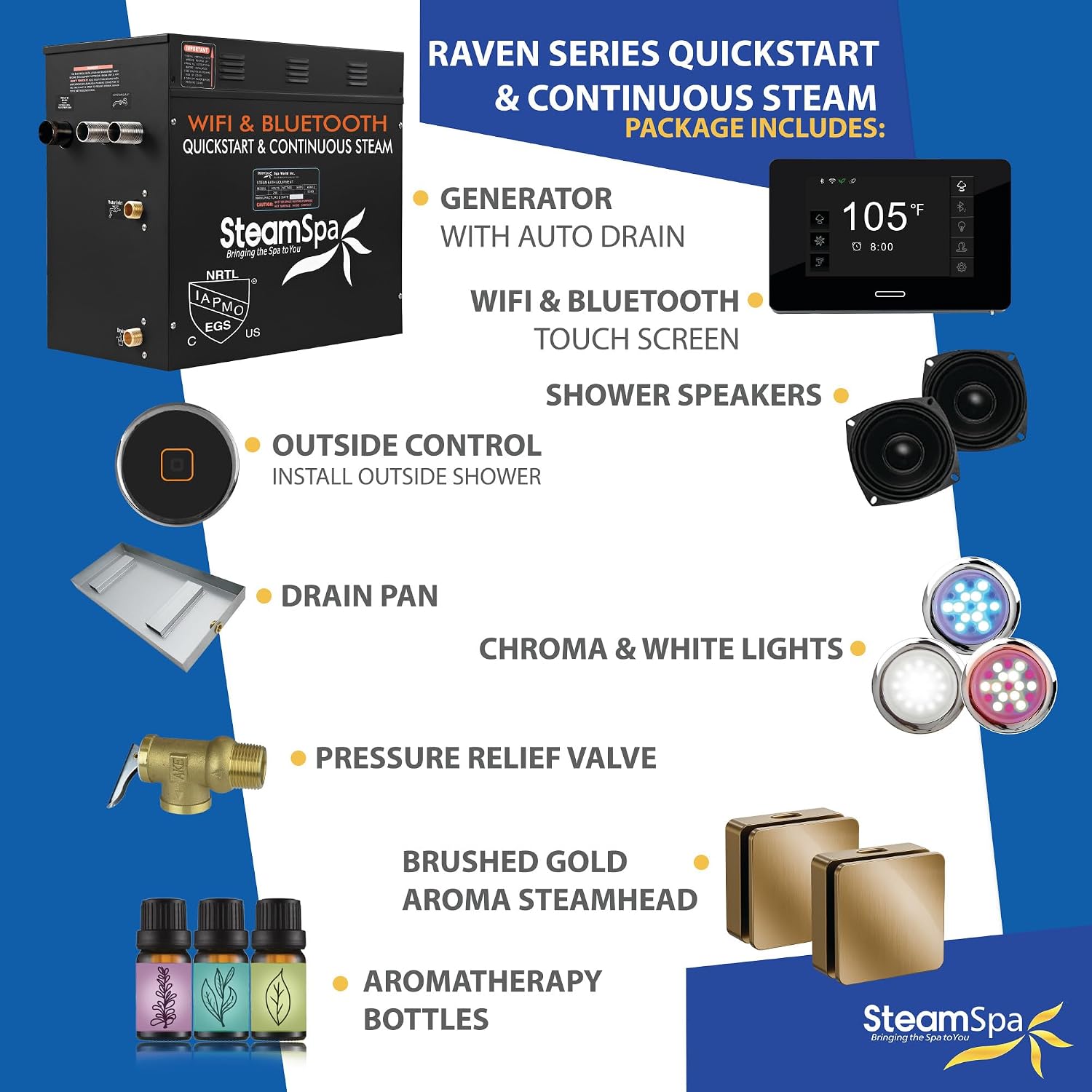 Steam System 12kW Steam Shower Generator with Bluetooth Wifi, Quickstart Continous Steam, Advanced Touch Pad Screen, Chroma Lights, Drain Pan and Auto Drain Gold RVBS1200GD-A
