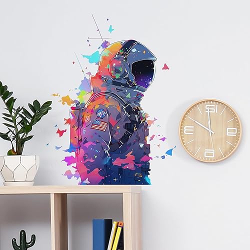 Miniatura 2 de Calcomanías de pared de silueta de astronauta con colorido humo para guardería, calcomanías de pared para niños y bebés, removibles, arte de pared