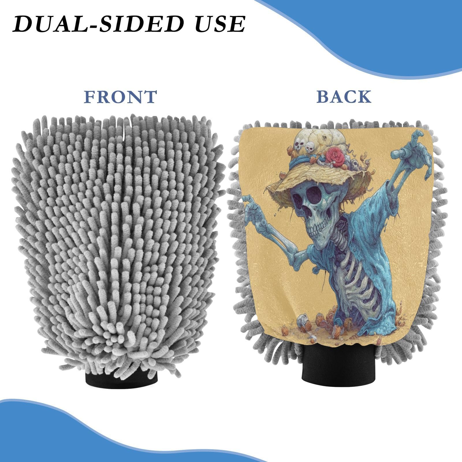ALAZA Skull Rock Car Wash Mitt Scratch Free, 2 Pack Absorbent Microfiber/Chenille Washing & Drying Mitts, M