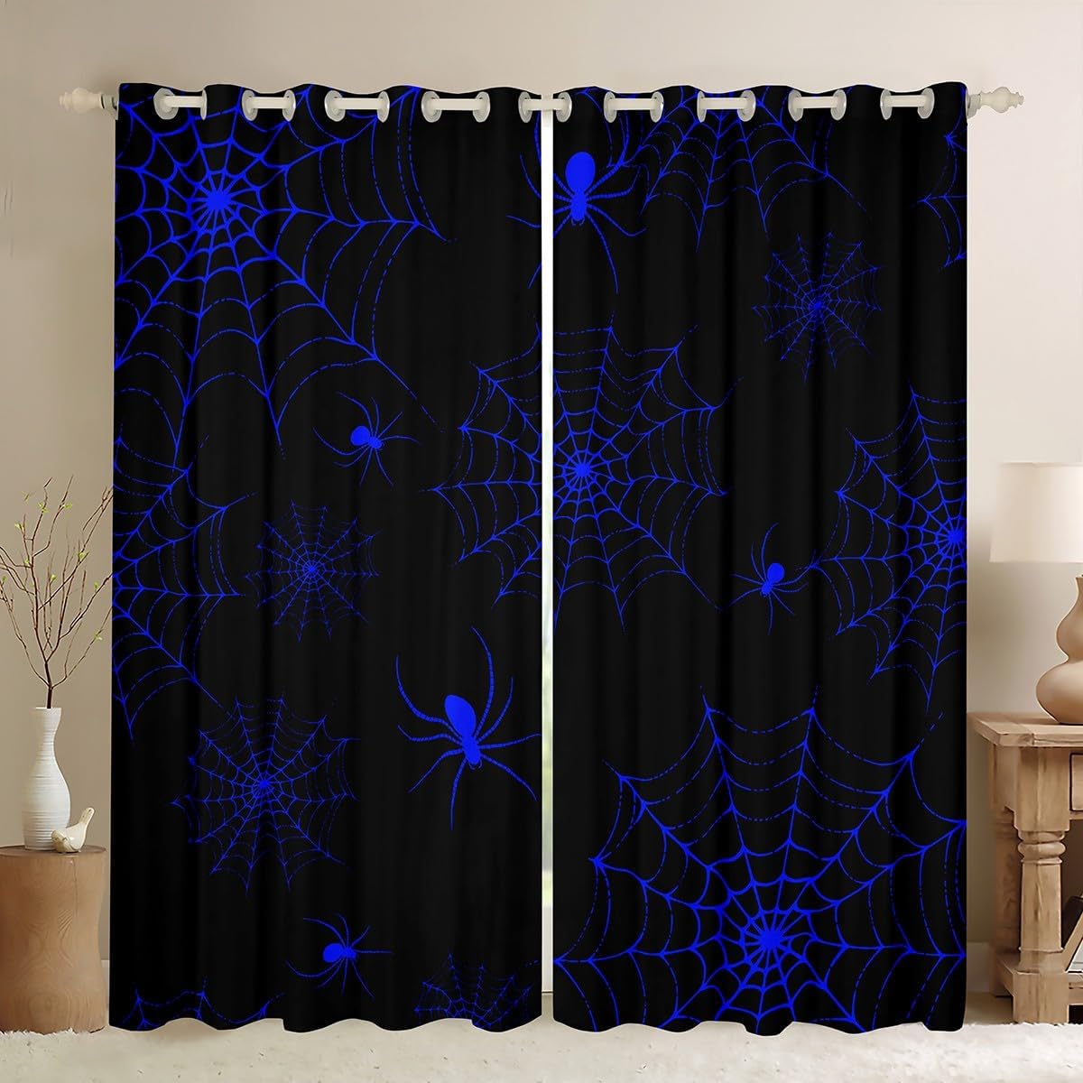 Manfei Spider Web Blackout Curtain Blue Spider Web Print Window Drapes for Kids Boy Girls Room Decor, Halloween Theme Window Treatments, Grommet Top 2 Panel Set Bedroom Curtains, 38Wx54L inch