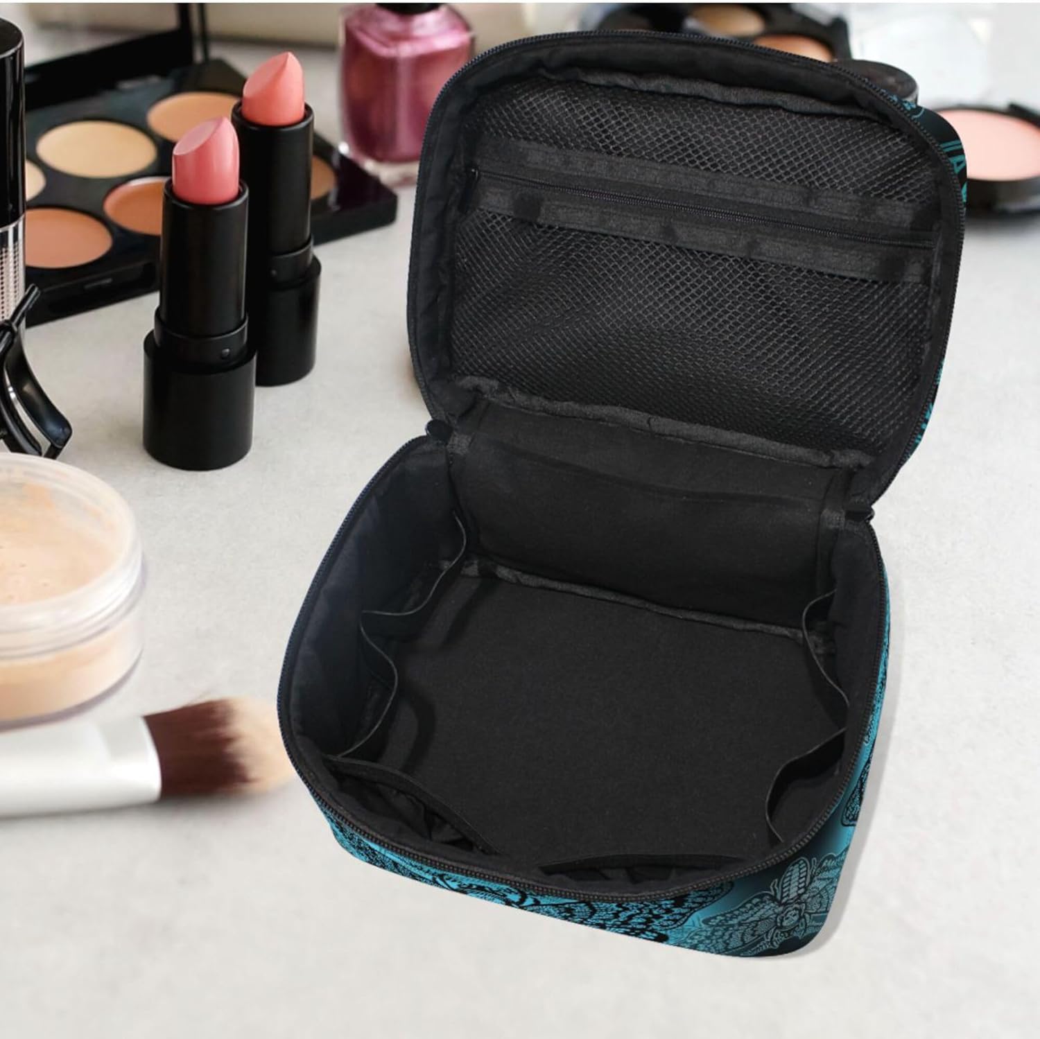 MNSRUU Makeup Bags, Gothic Blue Skull Moth Butterfly Makeup Organizer Bags Toiletry Bag Box Travel Cosmetic Bag Make Up Train Case for Women Teen Girl Ladies