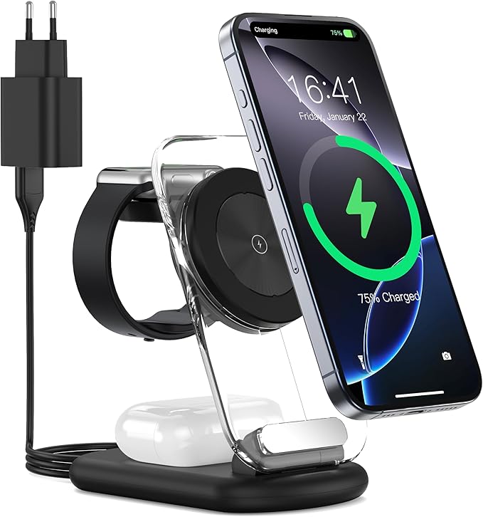 Estación de carga inalámbrica 3 en 1 para Mag-Safe, cargador magnético inalámbrico plegable y ajustable, soporte de cargador de viaje Mag-Safe con luz para iPhone Series 15/14/13, AirPods, Apple Watch oferta Amazon