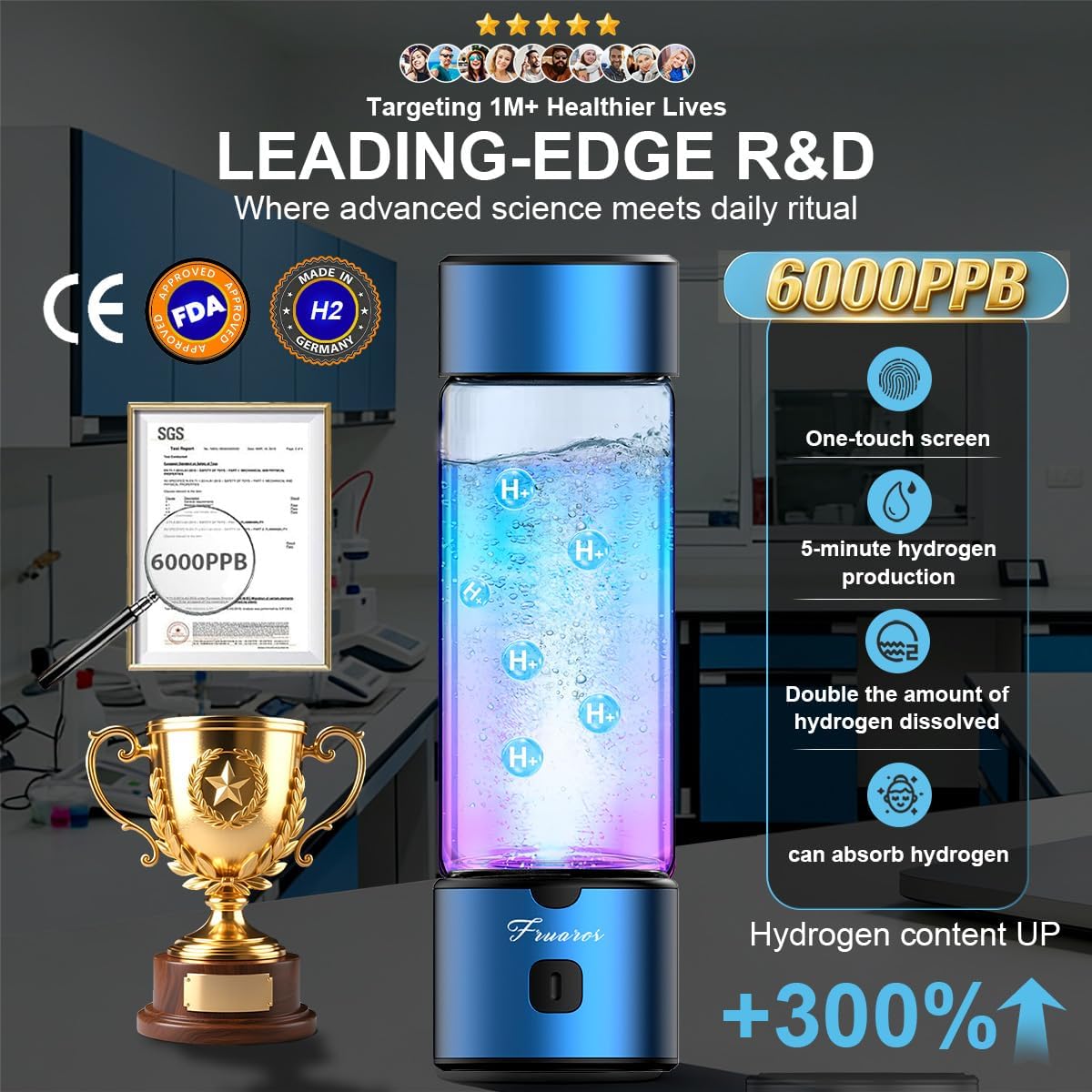 Hydrogen Water Bottle Generator - 2026 Hydrogen Water Machine - 6000 PPB SPE/PEM Tech Glass Hydrohealth Water Bottle for Kidney Health Hydrogen Bottle Gift for Family & Friends (Button/Blue)