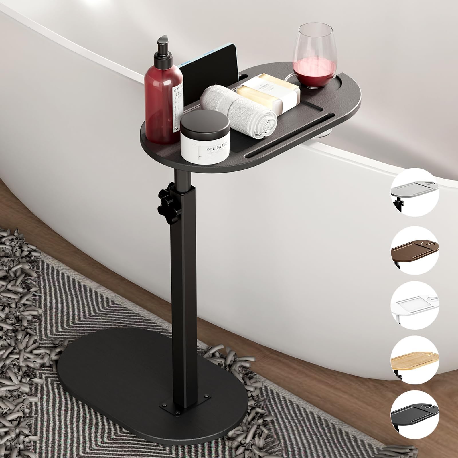 Tavolo Vassoio per Vasca da Bagno in bambù con Altezza Regolabile, Contenitore per Vasca da Bagno freestanding con Base in Metallo, Regalo Doccia per Le Donne,Nero