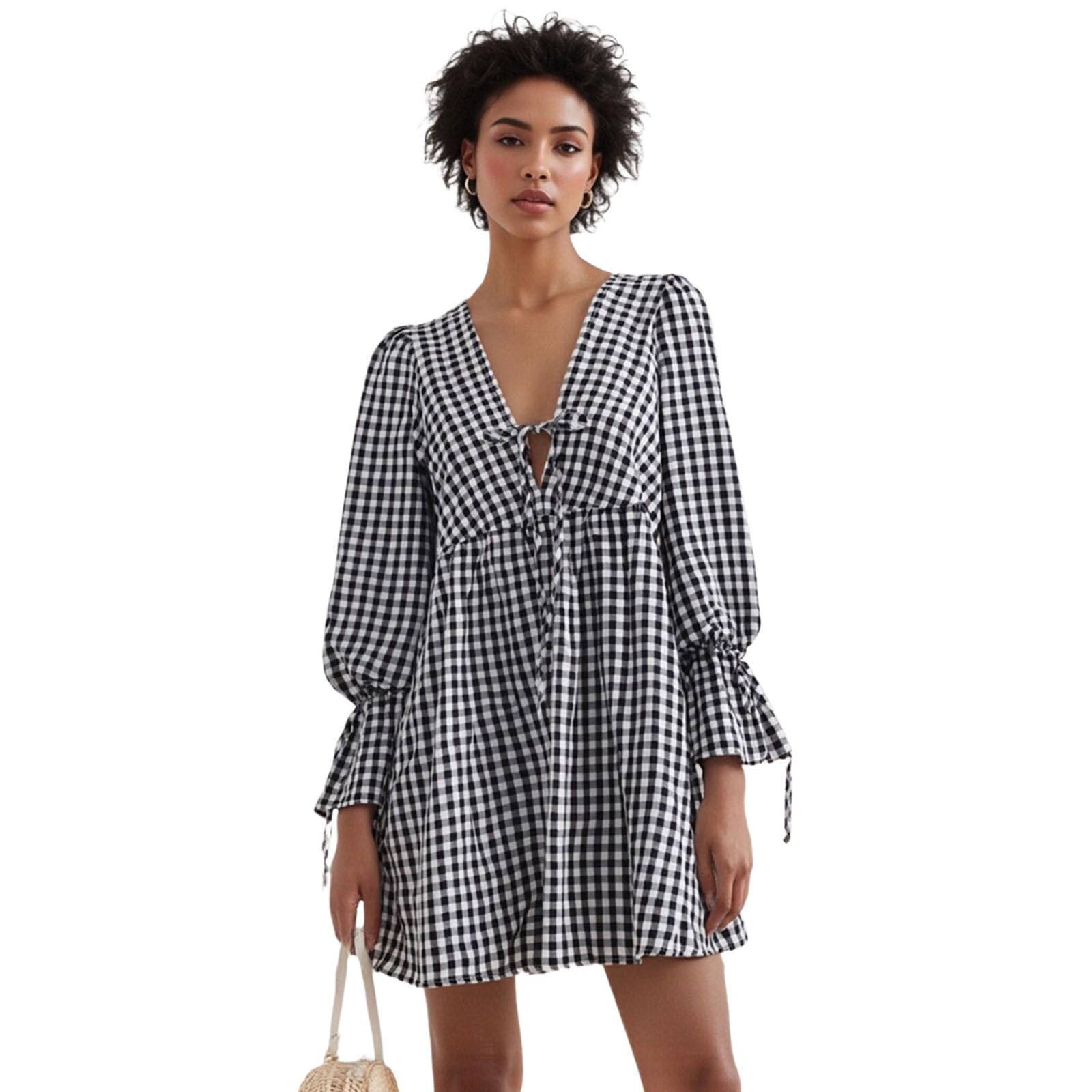 Feclmiyt Women's Gingham Puff Sleeve Mini Dress V Neck Tie Front Plaid Loose Dress Summer Flowy Babydoll Dresses Streetwear (A-Black, M)