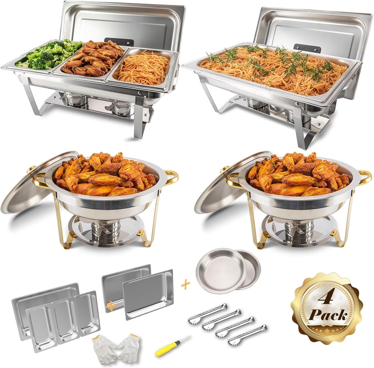 4 Pack Chafing Dish Buffet Set Stainless Steel 5 QT Round&8 QT Rectangular Chafers Food Warmers with Full,1/3 Rectangular&Round Food Pan,Fuel Holder,Foldable Frame For Catering Events