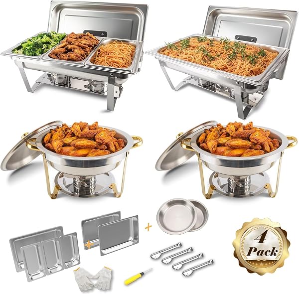 Festa Essential 4 Pack 8QT 5QT Chafing Dish Buffet Set Stainless Steel Catering Servers Chafers Food Warmer with Food Pa