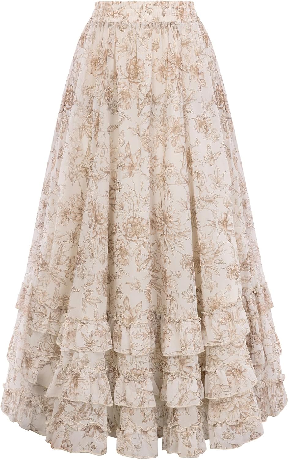 SCARLET DARKNESS Maxi Skirts for Women Floral Chiffon Elastic High Waist Flowy Ruffle Long Skirt with Pockets - Image 9