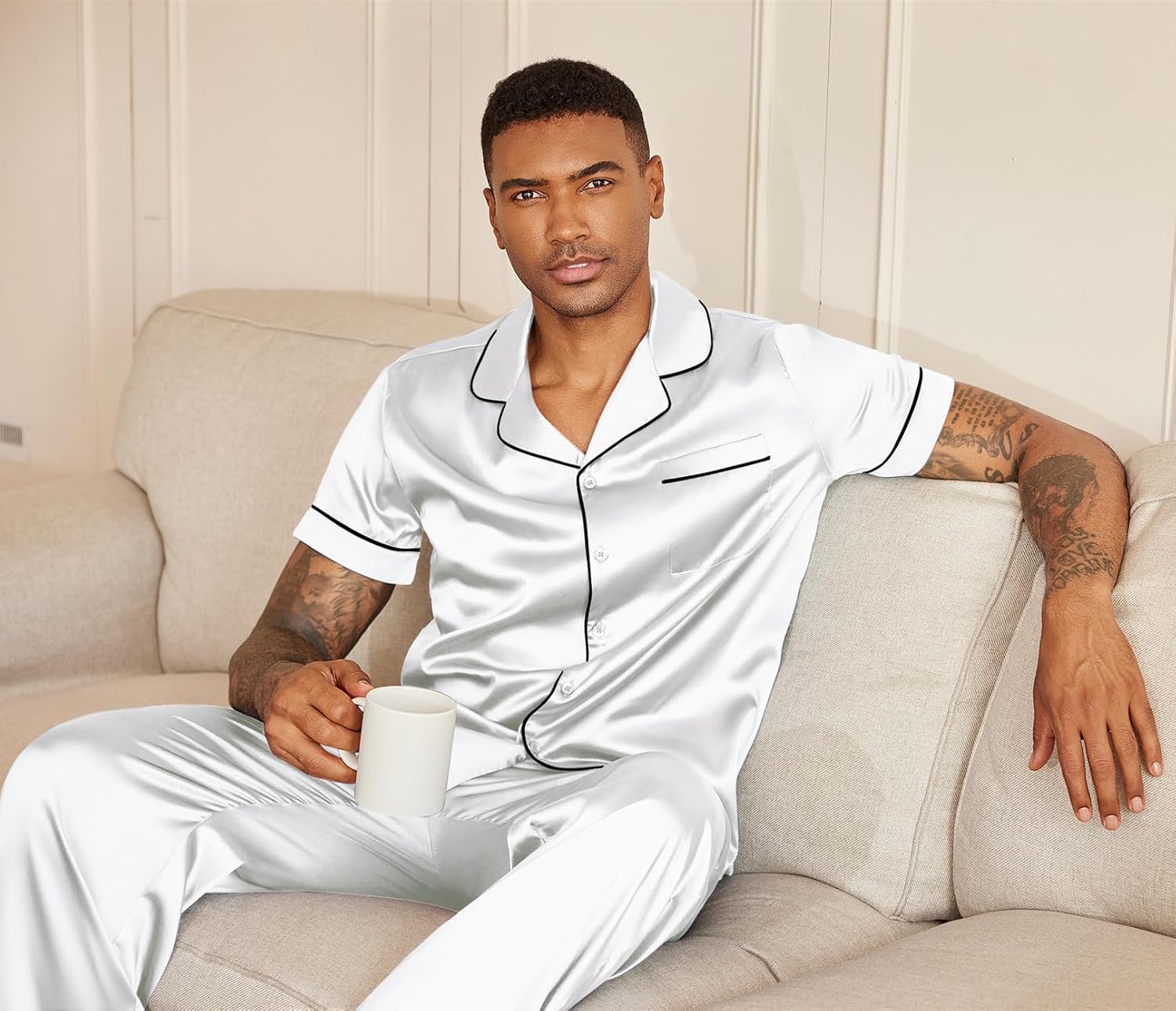 Ekouaer Mens Satin Pajama Set Short Sleeve Button Down Sleepwear Classic Loungewear Set with Long Pants - Image 6