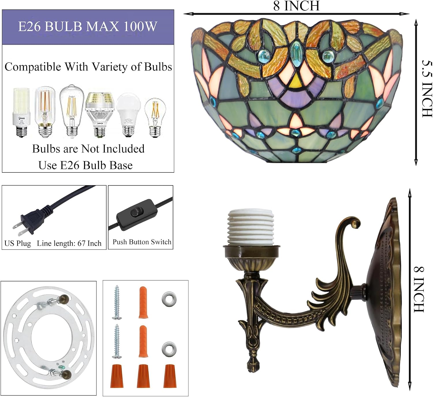 Tiffany Wall Sconce Lamp Plug in with 8 inch Stained Glass Lampshade 8X10.5X11 Inch Stained Glass Wall Lamp (Baroque Style)