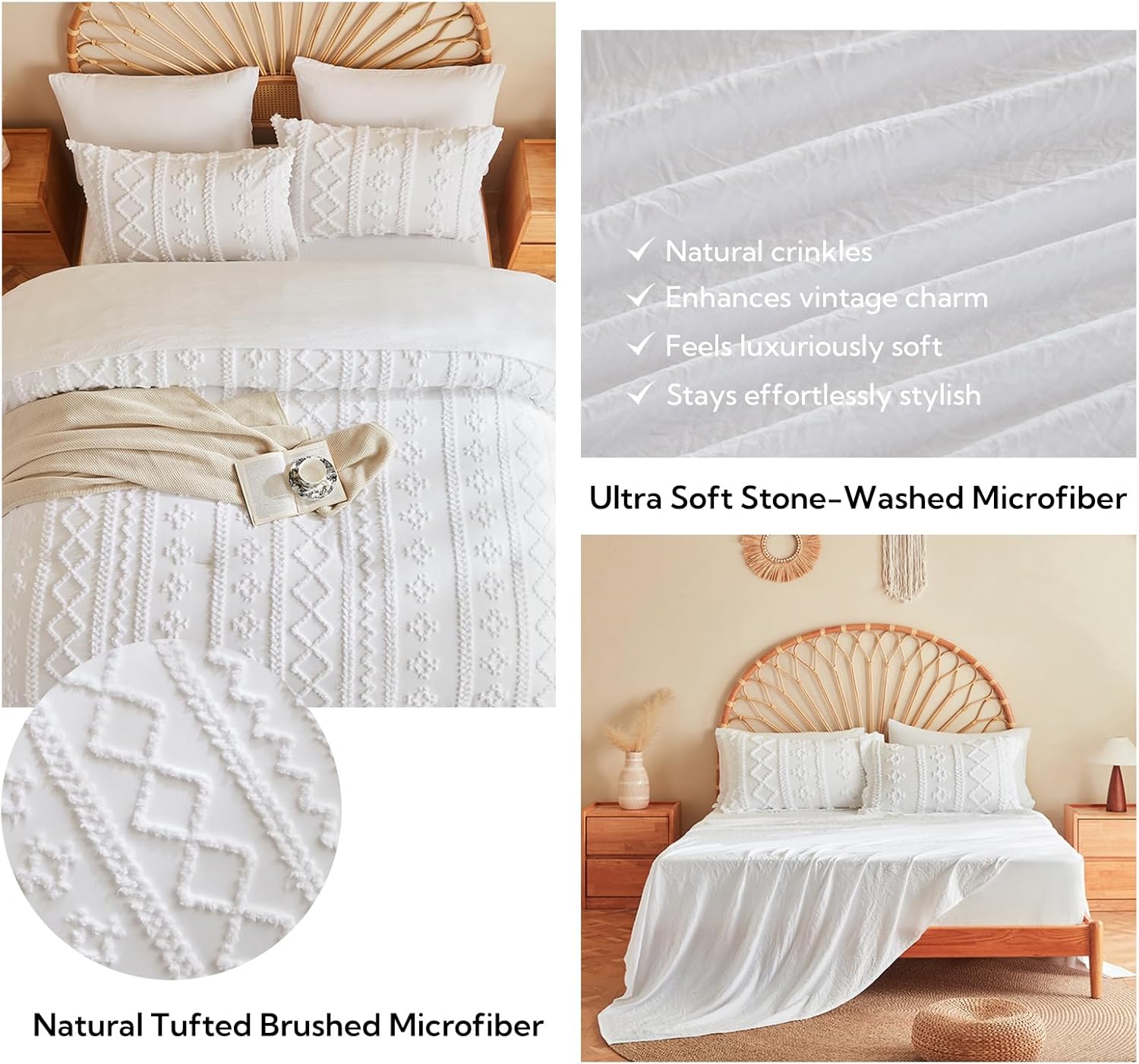 MR&HM Full Size Bed Sheets and Comforter Set White, 7 Pieces Tufted Boho Beddding Sets, Farmhouse Style Bed in a Bag with 1 Comforter, 2 Pillow Shams, 2 Pillowcases, 1 Flat Sheet, 1 Fitted Sheet - Image 4