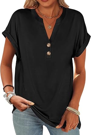 ANRABESS Womens Short Sleeve Henley Tops V Neck Dressy Casual Blouses Summer Trendy Tee Shirts 2026 Vacation Fashion Clothes