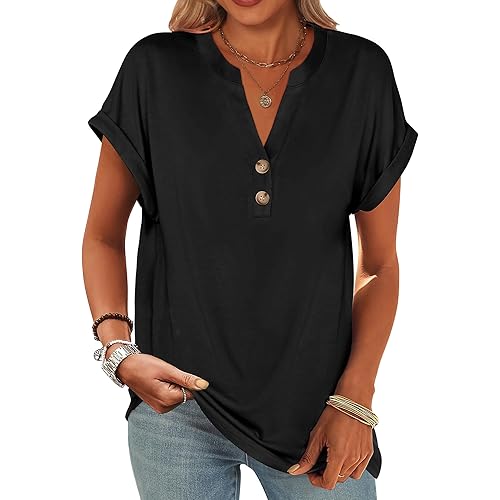 ANRABESS Womens Short Sleeve Henley Tops V Neck Dressy Casual Blouses Summer Trendy Tee Shirts 2025 Vacation Fashion Clothes