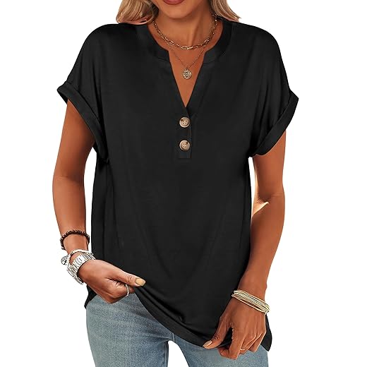 ANRABESS Womens Short Sleeve Henley Tops V Neck Dressy Casual Blouses Summer Trendy Tee Shirts 2025 Vacation Fashion Clothes