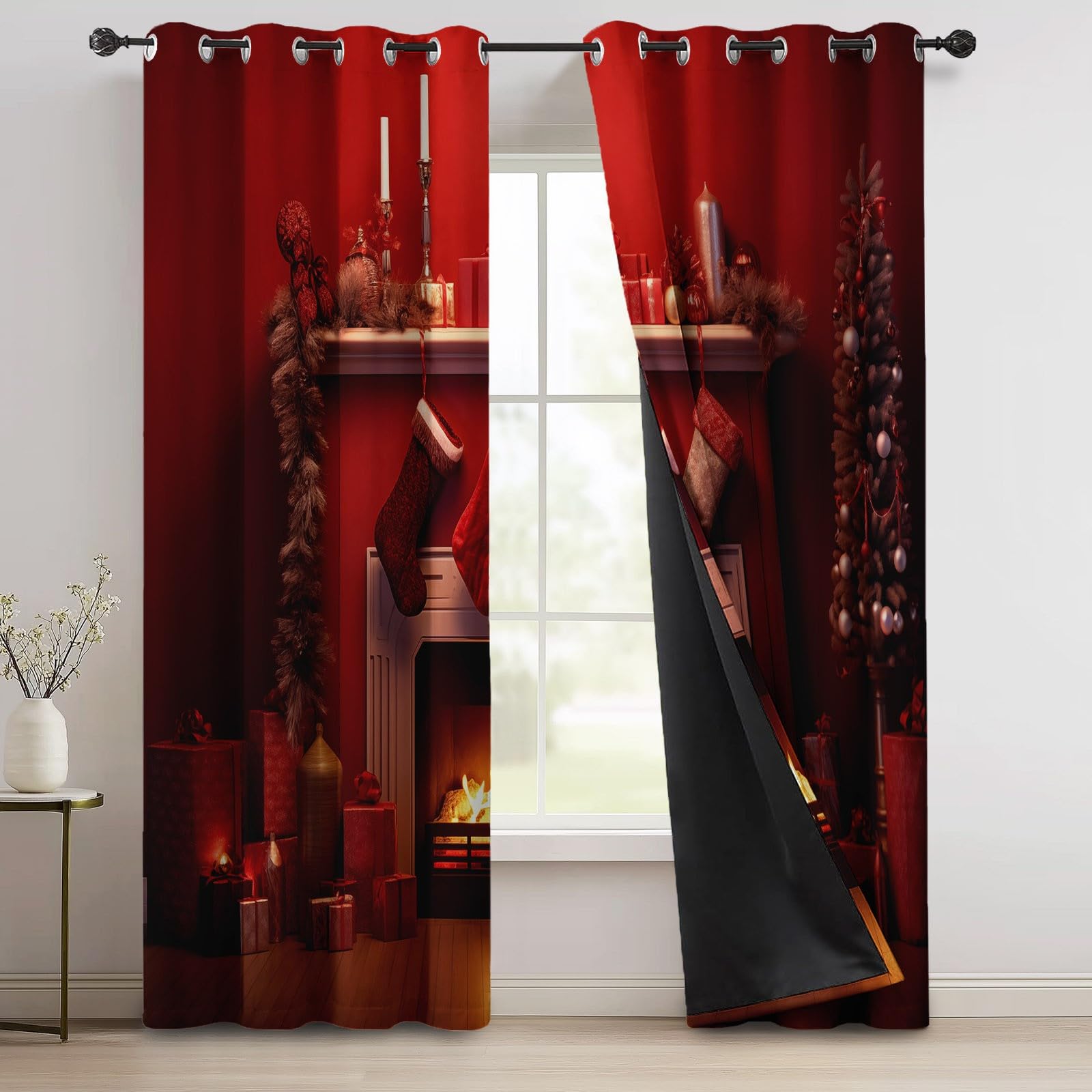 Nieprzezroczyste zasłony, czerwone, na przelotkach, na Boże Narodzenie, na choinkę, na kominek, z nadrukiem, wys. 245 x szer. 135 cm (2 sztuki) termoizolacyjne zasłony zaciemniające do sypialni