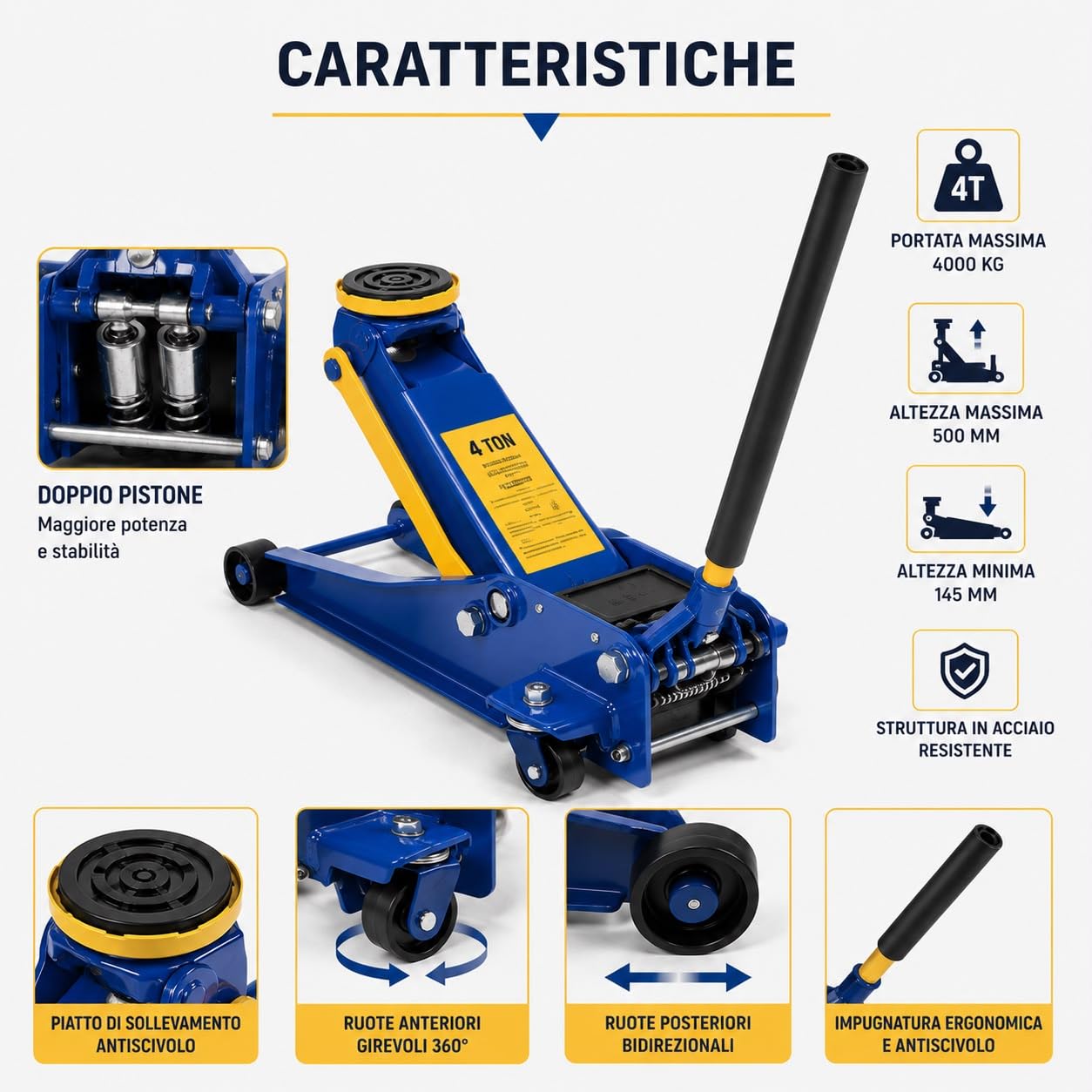 Cric Sollevatore idraulico carrello professionale 4t ruote bidirezionali a cuscinetto, crick martinetto cric Auto Idraulico assetto super ribassato professionale per veicoli doppio pistone