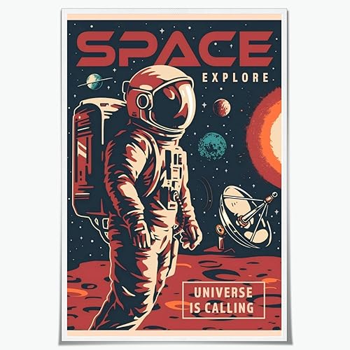 Arte de pared retro del espacio, vintage, exploración del tiempo de astronauta, lienzo impreso en lienzo, galaxia, Vía Láctea, arte exterior,