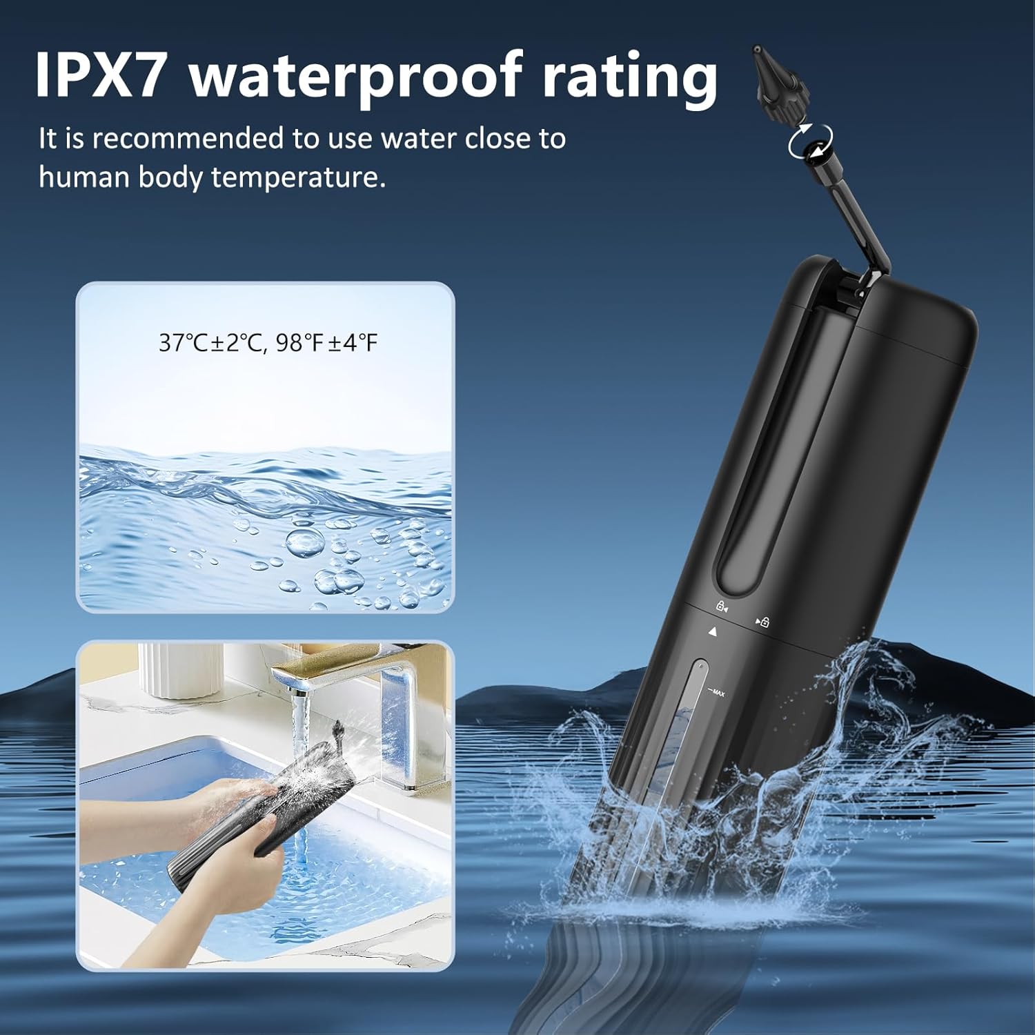 Image showing the IPX7 waterproof rating of the ear irrigator, demonstrating it can be rinsed under water.