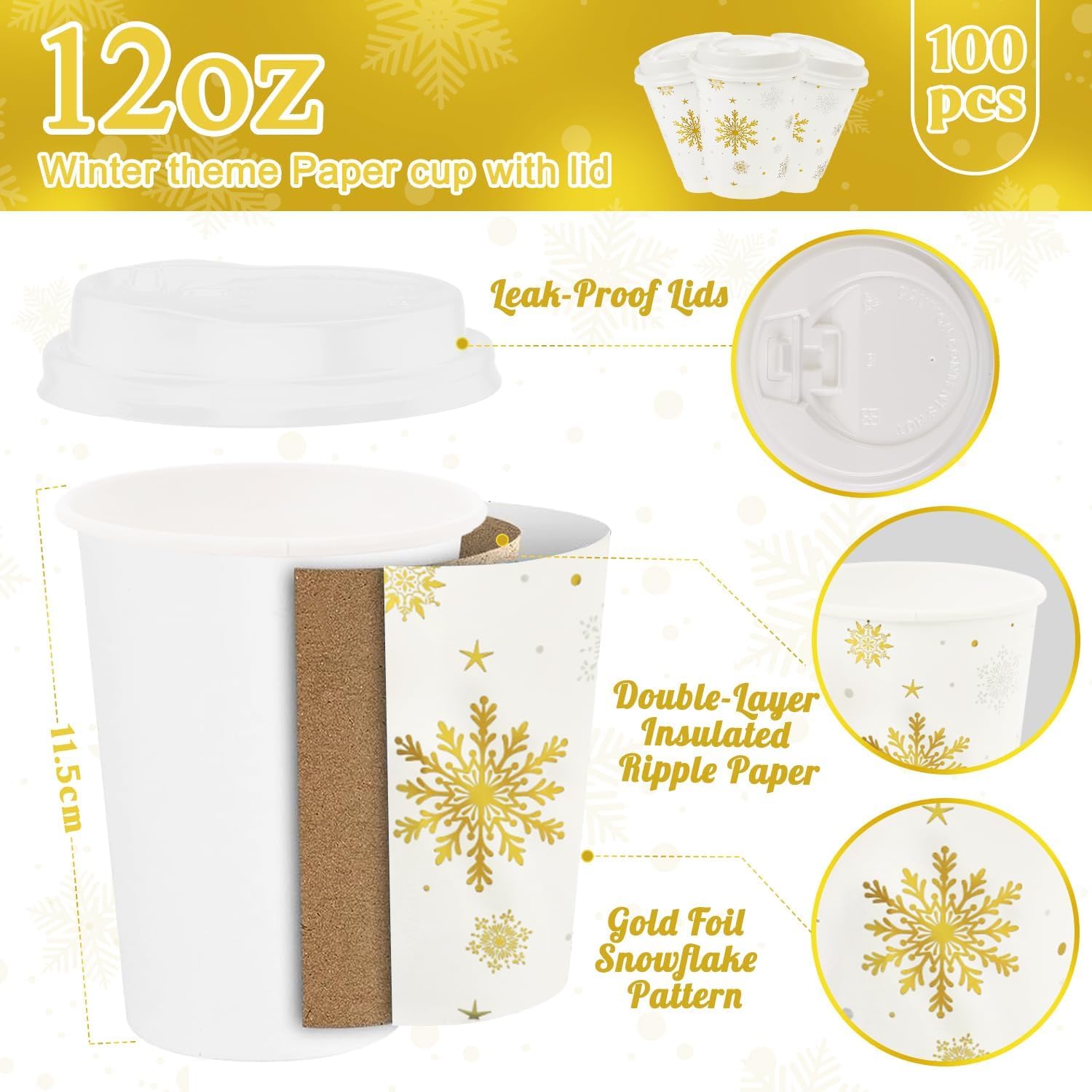 100 Pcs Christmas Coffee Cups with Lids 12oz Gold Foil Snowflake Paper Cups Insulated Cups for Xmas Hot Cocoa Beverage Winter Party Supplies Hot Chocolate Coffee Water Tea Xmas Holiday Supplie
