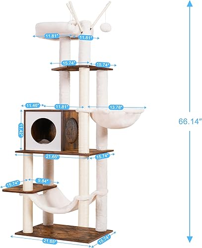 Miniatura 3 de Hey-brother Árbol de madera para gatos, muebles para gatos de 55.5 pulgadas con postes rascadores, torre moderna para gatos con hamacas, juguetes,