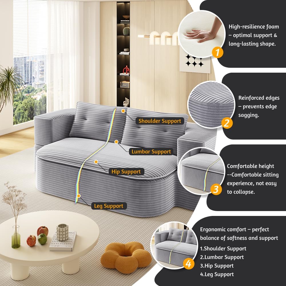 80" Convertible Folding Sofa Bed with Multi Functional Blanket,King Size Folding Mattress Sleeper Cloud Floor Couch,Corduroy Boneless Sectional Couches for Living Room Bedroom (Light Grey)