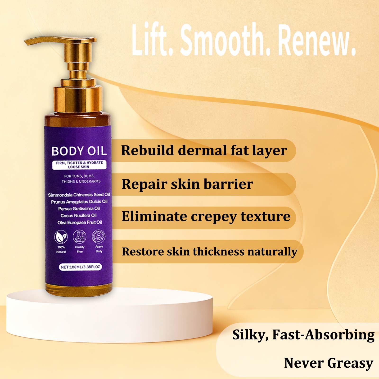 Body Firming Oil for Crepey-Looking Skin with Jojoba, Almond & Coconut Oils, 3.4 fl oz