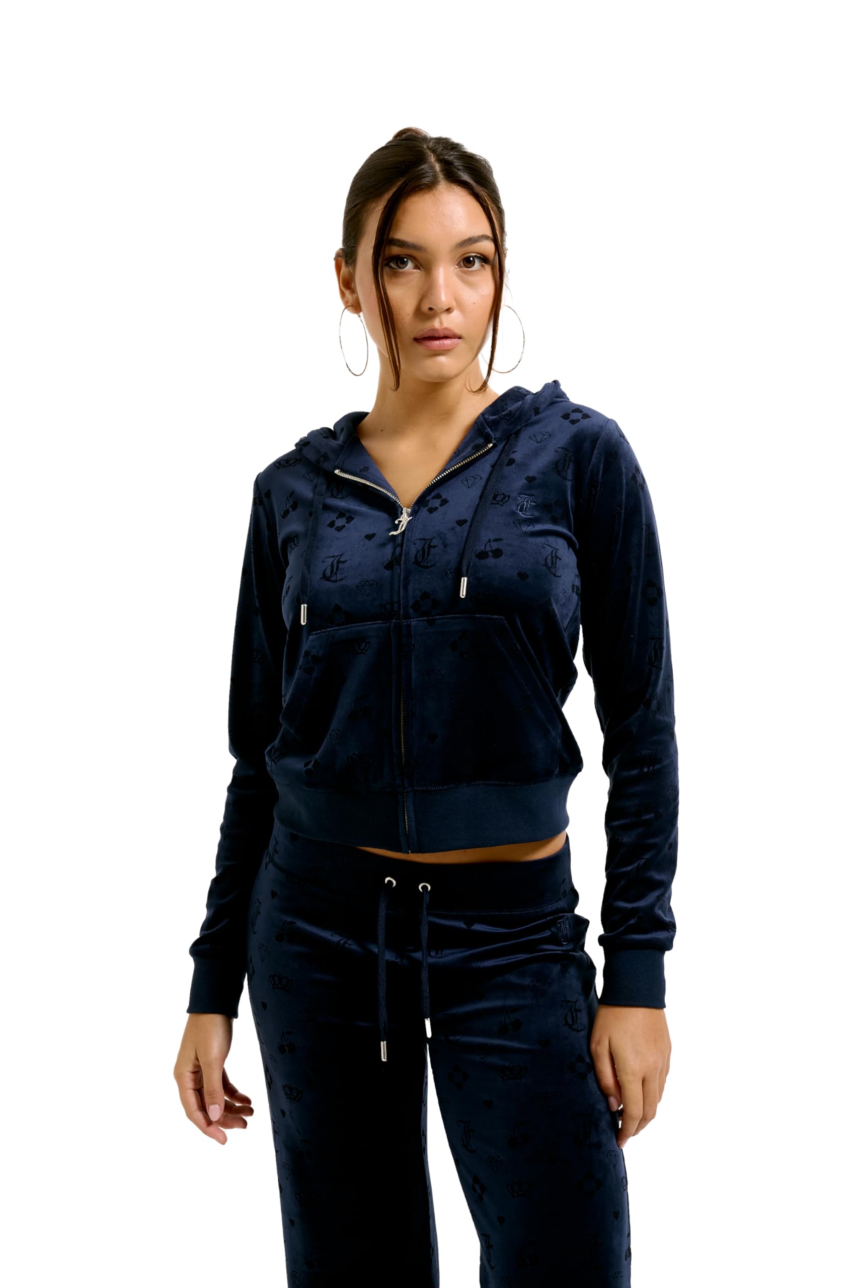 Juicy Couture Monogram Classic welurowa bluza z kapturem, Night Sky, XS