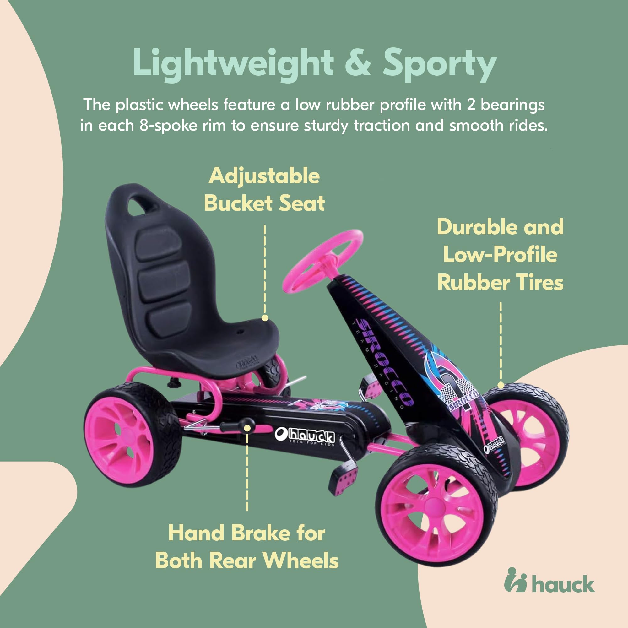 hauck Sirocco Racing Clutch Free Go Kart with Low Profile Rubber Tires, Pink : Toys & Games