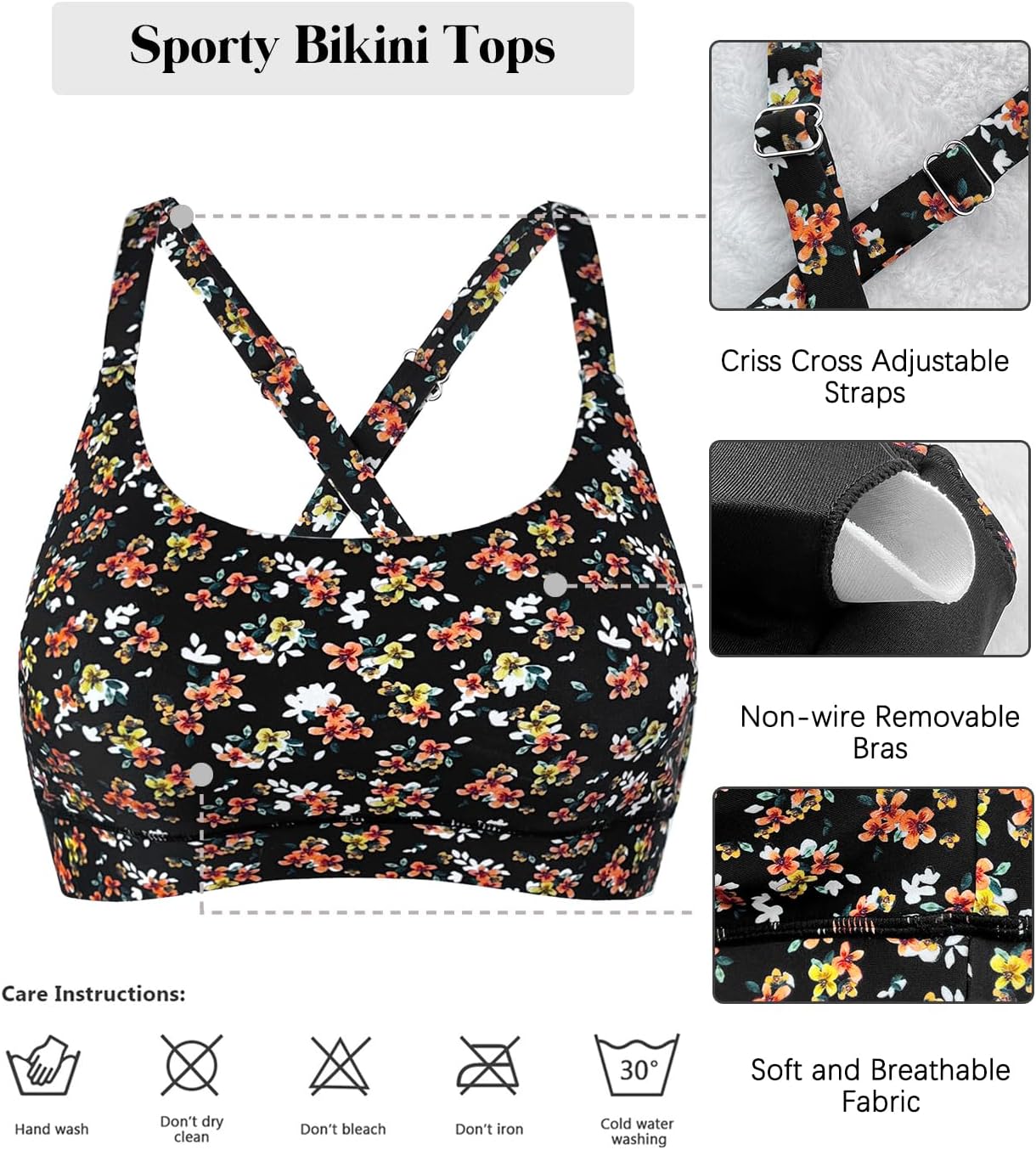 Women’s Supportive Scoop Neck Sporty Swimsuit Cross Spaghetti Strap Bathing Suit Bikini Top