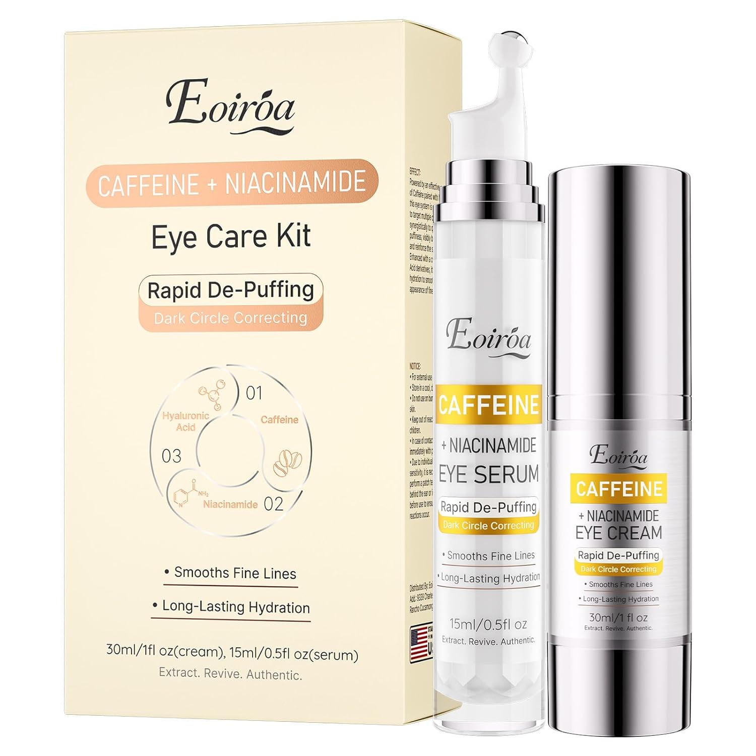 Anti-Aging Caffeine Eye Cream and Serum Set for Dark Circles, Puffiness and Fine Lines - Firming Under Eye Treatment with Niacinamide and Hyaluronic Acid for Brightening and Hydrating Sensitive Skin