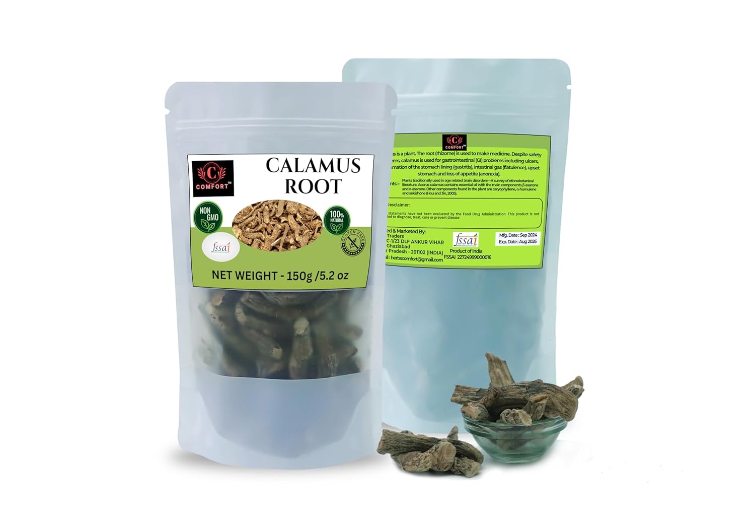 COMFORT TM - 5.2 Ounce Organic Calamus Root Whole Loose Dried Herb for Skin, Stomach Health Benefits Herbal Tea