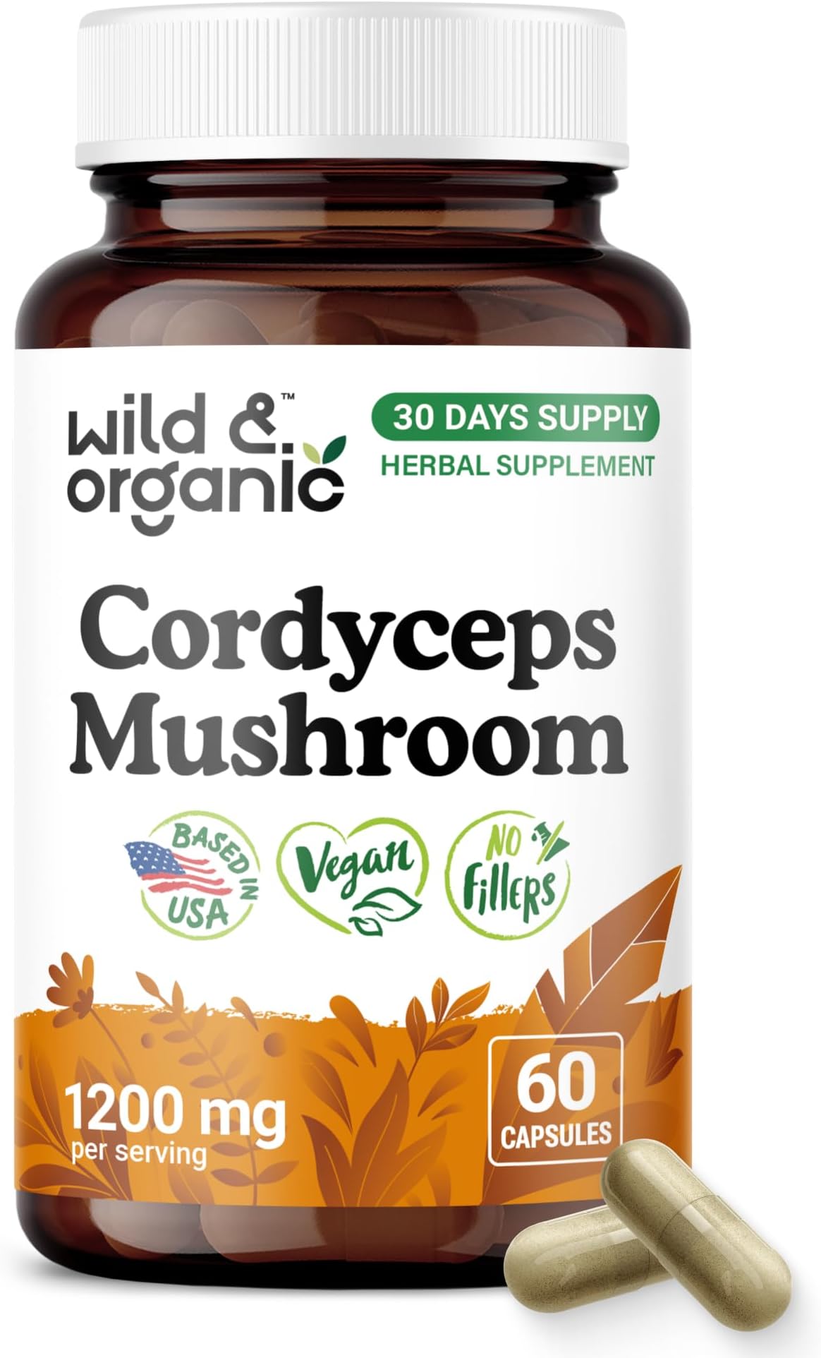 Wild & Organic Cordyceps Capsules 1200 mg - Immune Support - 60 Count | Cordyceps Mushroom Powder Supplement - Cordycepin Militaris Extract - Vegan, No Fillers