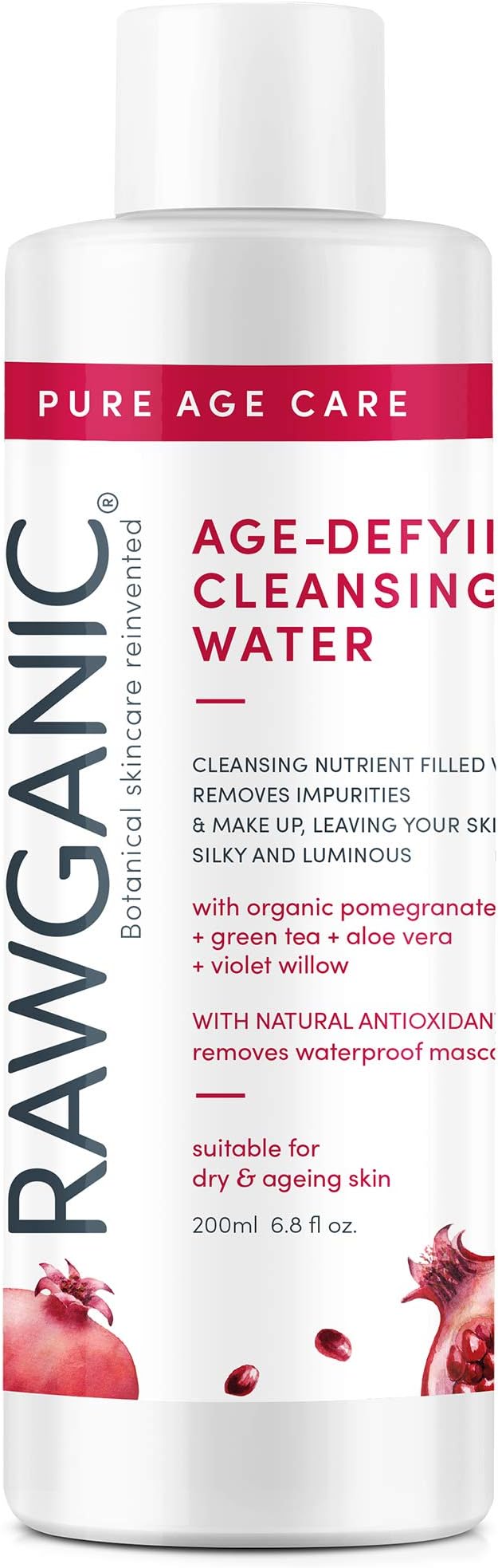 RAWGANIC Anti-aging Cleansing Water | Gentle Organic Micellar Water | with Aloe Vera, Pomegranate, Violet Willow & Green Tea | 200ml bottle