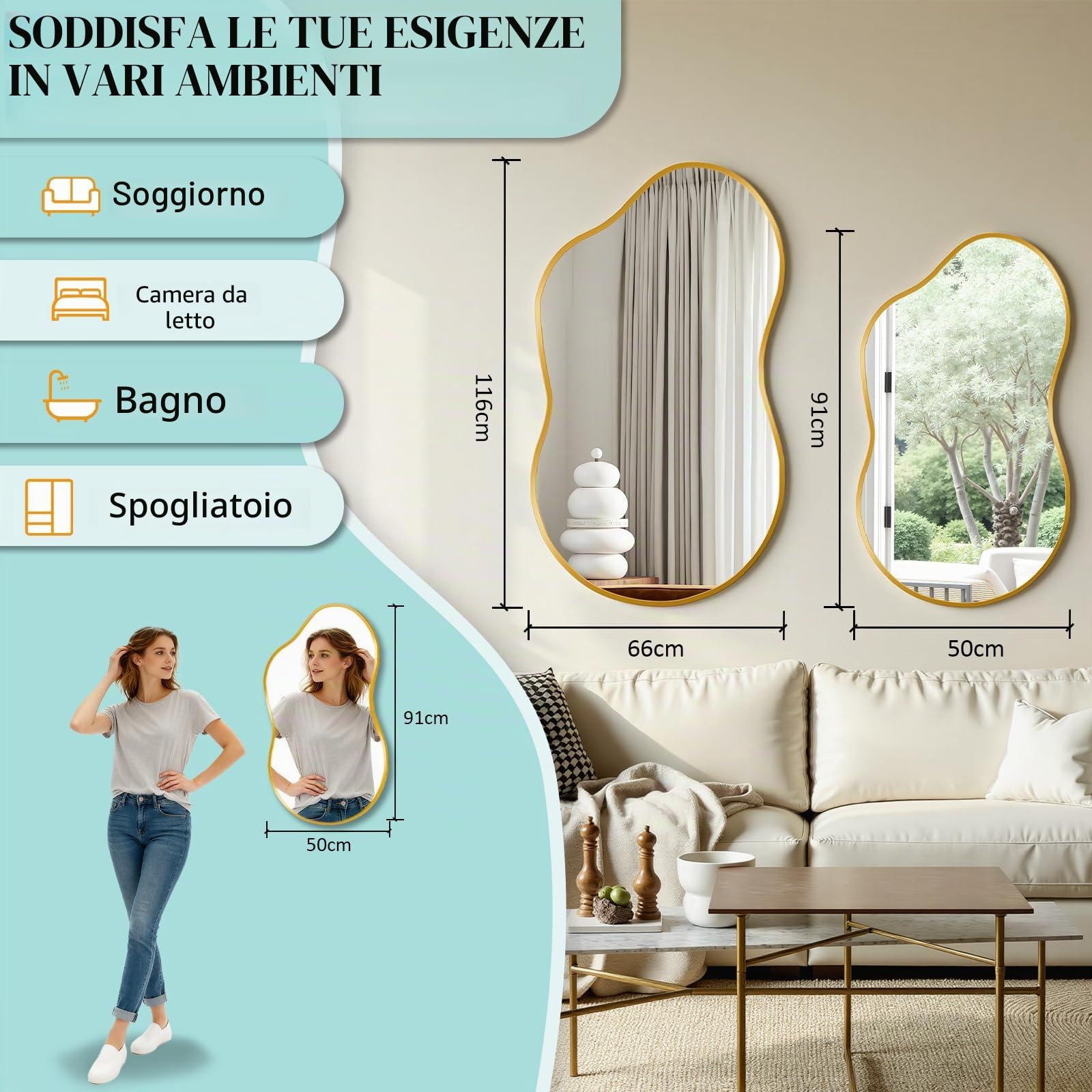 Clevich Specchio asimmetrico 50 x 91cm, Specchio da Parete Decorativo Con Cornice InAlluminio, sottile design moderno, per Soggiorno, Ingresso, Camera da Letto, Corridoio Specchio da Appendere