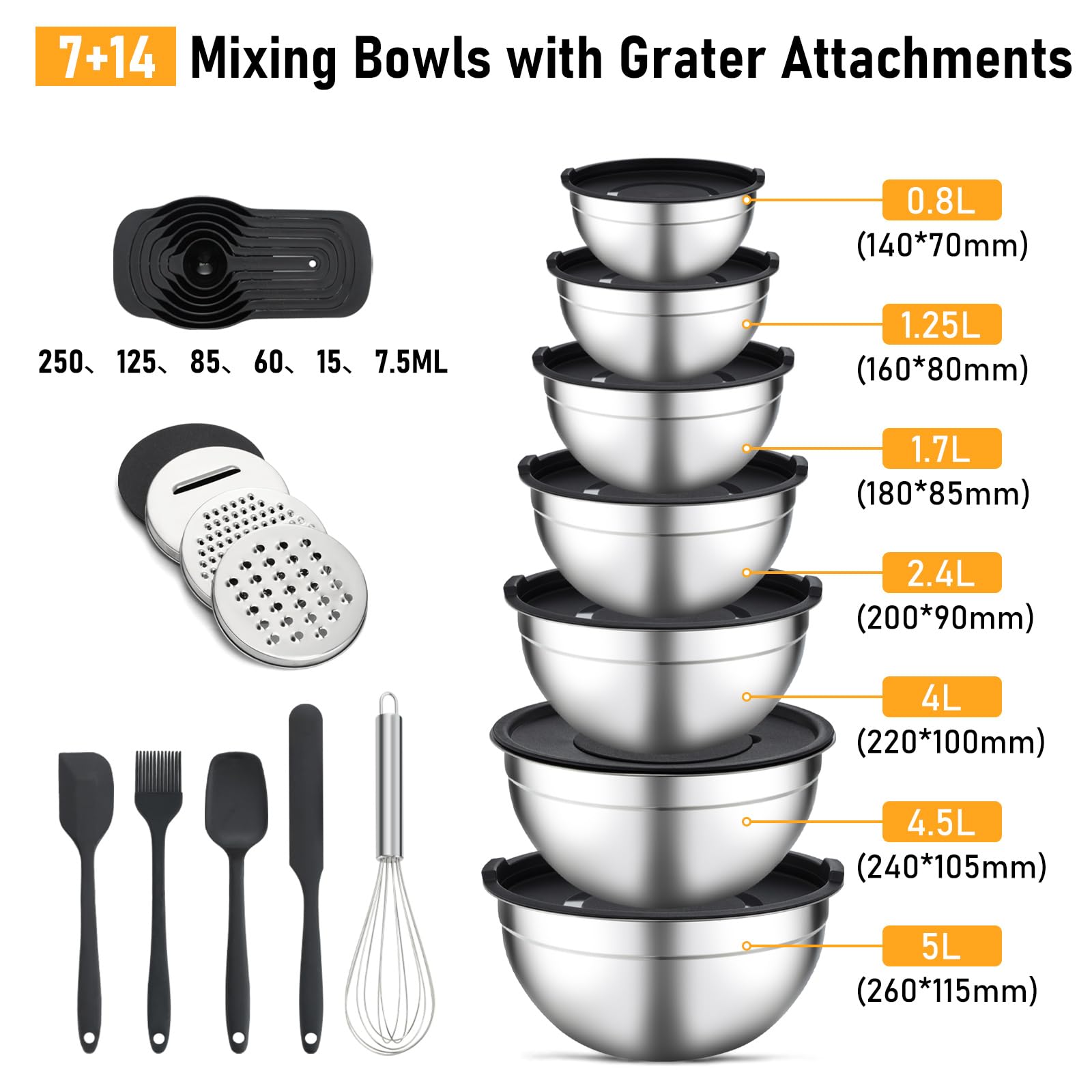 Unokit Mixing Bowls with Lids Set - 16 Pcs Stainless Steel Nesting Mixing Bowls with Grater Attachments, Mixing Bowl Set for Multi Mixing & Serving - Thumbnail 5