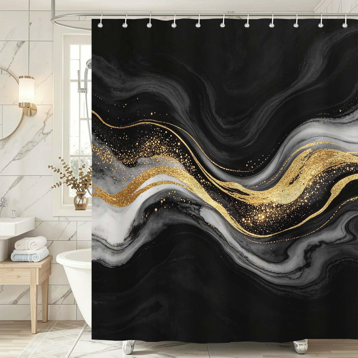 Rideau de Douche Anti Moisissure Marbre, Rideau de Bain Or Noir 3D Rideaux de Douche en Polyester, Imperméable, Lavable en Machine, avec Crochets, 300 x 200 cm 1738-YLP