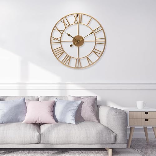 Reloj de pared grande de 16 pulgadas con números romanos dorados, reloj de metal, funciona con pilas, silencioso, sin tictac, reloj moderno redondo