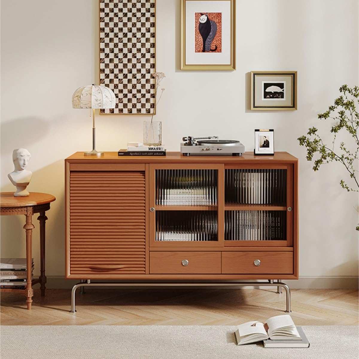 Sideboard Cabinet Solid Wood Roller Shutter Door Sideboard Living Room Storage Cabinet Modern Storage Buffet Cabinet Restaurant Cabinet Sideboard Cabinet with Drawers(B)